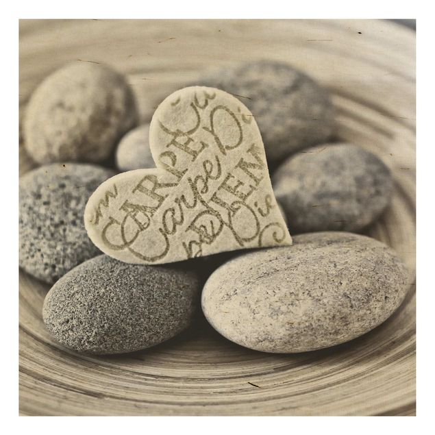 Holzbilder Carpe Diem Herz mit Steinen