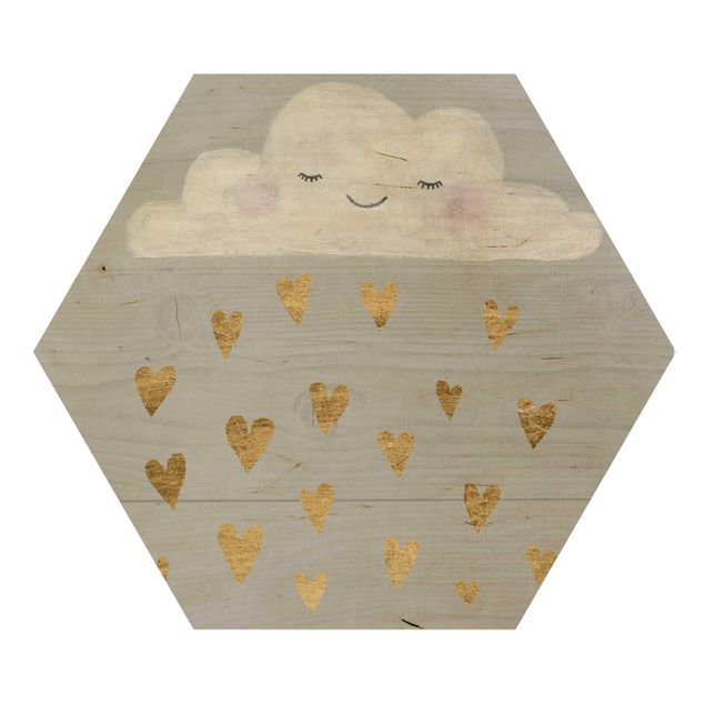 Hexagon Bild Holz - Wolke mit goldenen Herzen