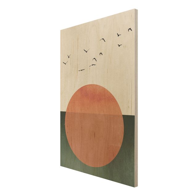 Wandbild Holz Vogelschwarm vor aufgehender Sonne