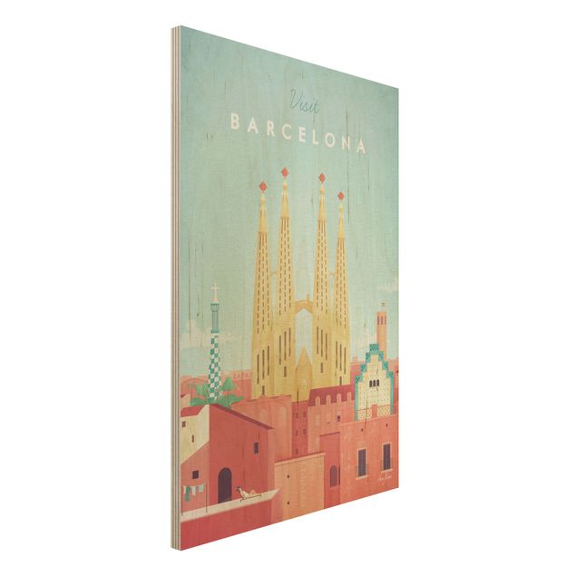Wandbild Holz Vintage Reiseposter - Barcelona