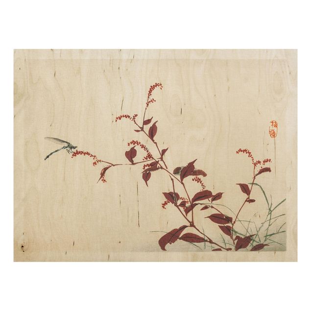Holzbilder Blumen Asiatische Vintage Zeichnung Roter Zweig mit Libelle