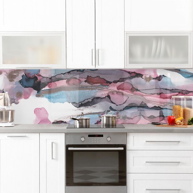 Küchenrückwand abstrakt Wellenreiten in Violett mit Roségold
