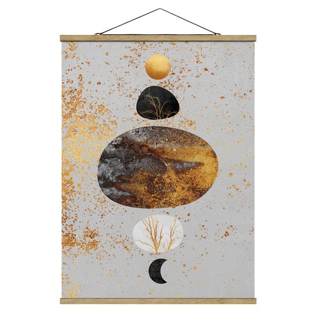 Stoffbilder mit Holzleisten Sonne und Mond in Goldglanz
