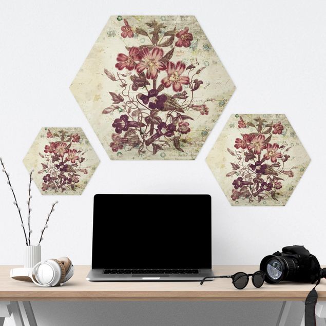 Hexagon Bild Alu-Dibond - Vintage Blütenmuster