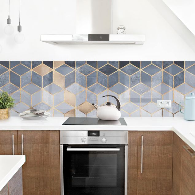Küchenrückwand abstrakt Blau Weiß goldene Geometrie