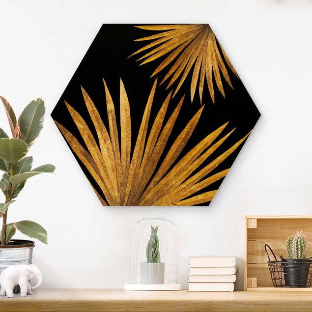 Moderne Holzbilder Gold - Palmenblatt auf Schwarz