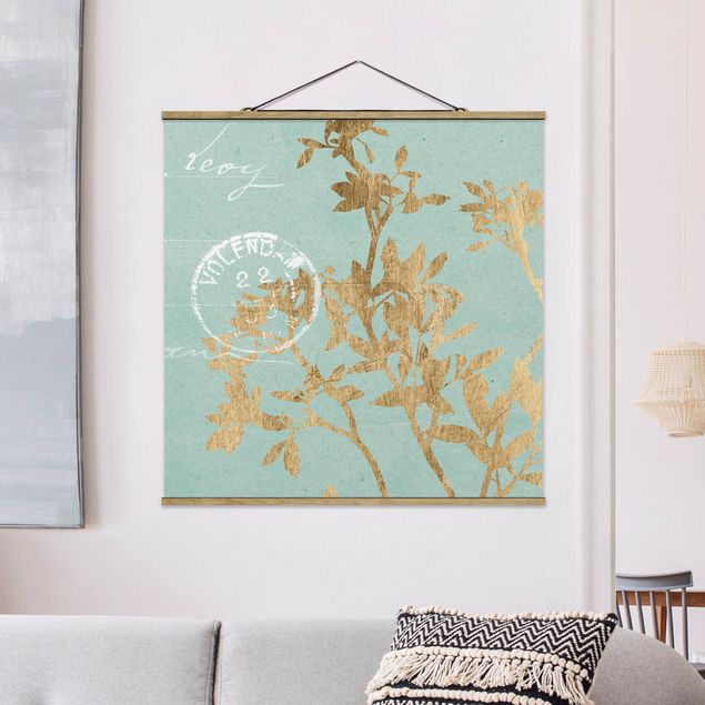 Schöne Wandbilder Goldene Blätter auf Turquoise II