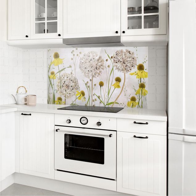 Küchenrückwand Glas Blumen Allium und Helenium Illustration