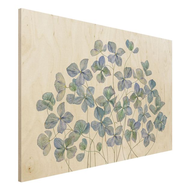 Holzbilder modern Blaue Hortensienblüten