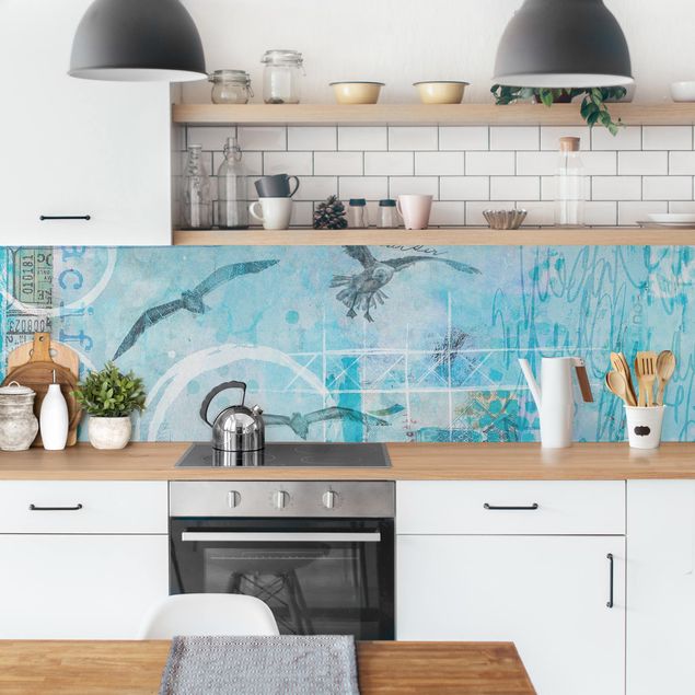 Küchenrückwände selbstklebend Bunte Collage - Blaue Fische