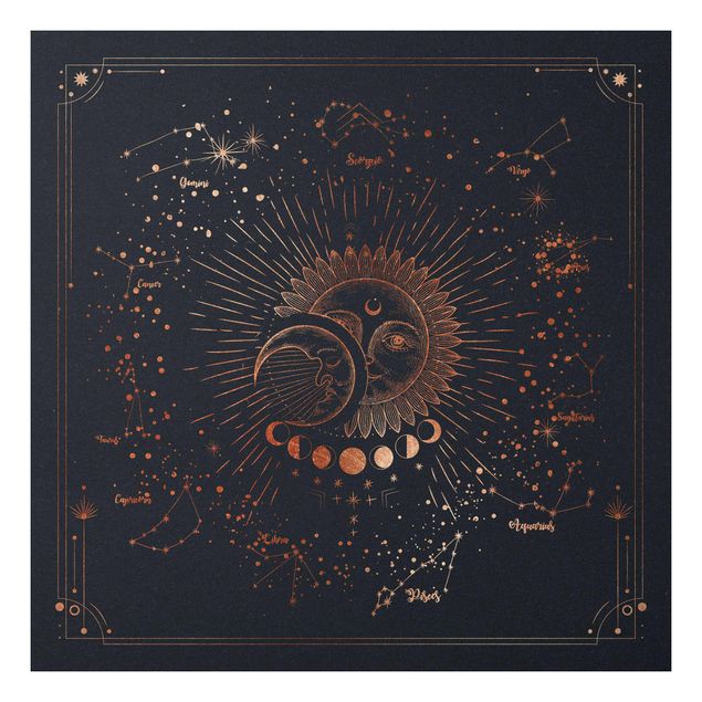 Schöne Wandbilder Astrologie Sonne Mond und Sterne Blau Gold