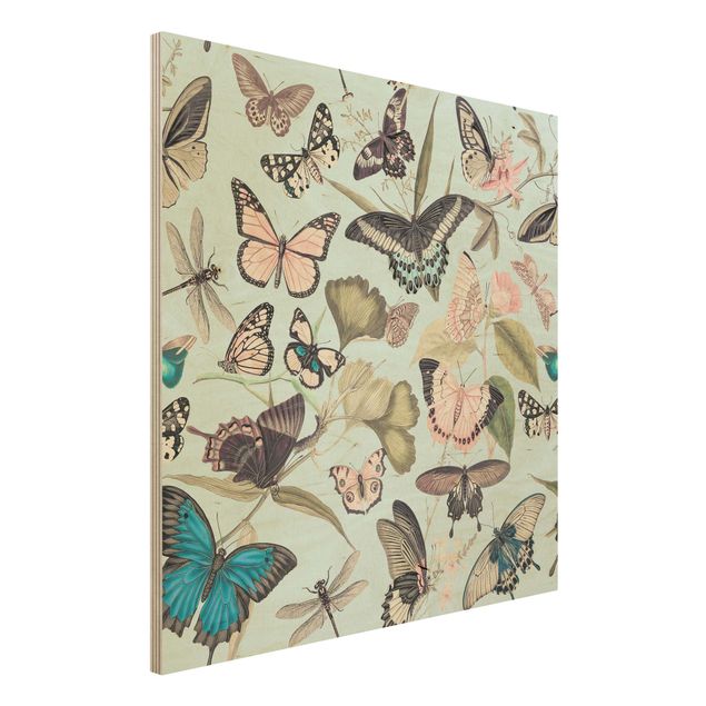 Wandbild Holz Vintage Vintage Collage - Schmetterlinge und Libellen