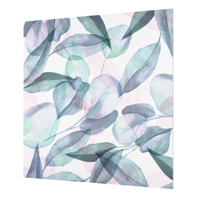 Spritzschutz Glas - Blaue und Rosane Eukalyptus Aquarellblätter - Quadrat 1:1