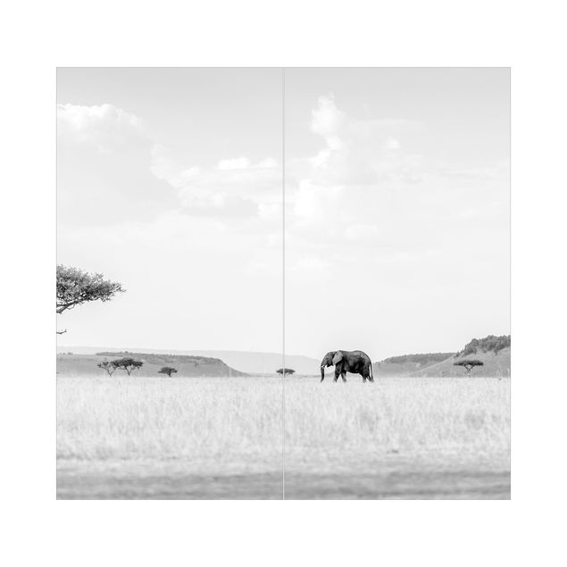 Duschrückwand - Elefant in weiter Savanne Schwarz-weiß
