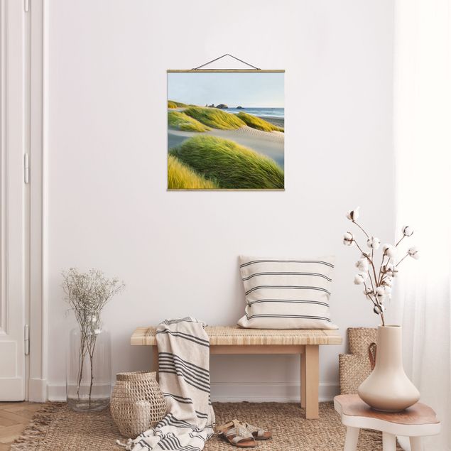 Stoffbild mit Posterleisten - Dünen und Gräser am Meer - Quadrat 1:1