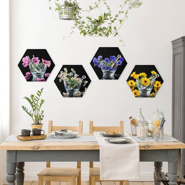 Hexagon Wandbilder Blumen im Mörser