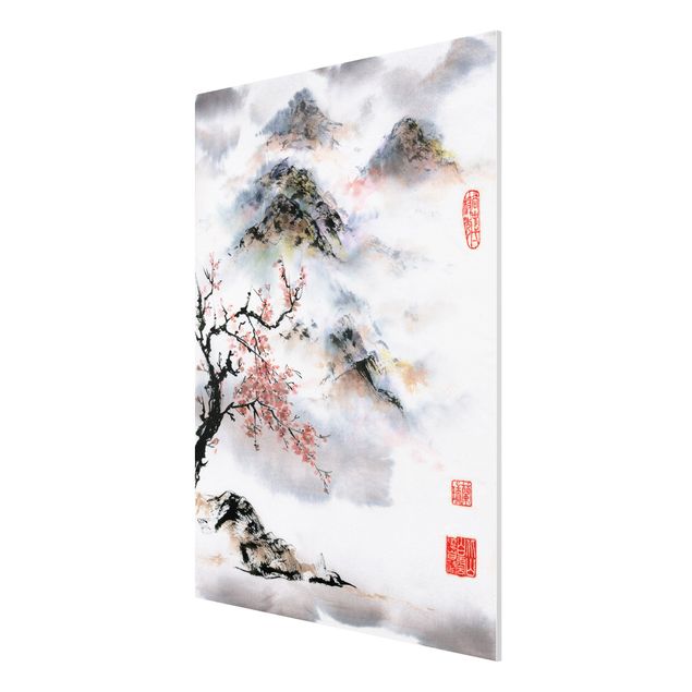 Forex Fine Art Print - Japanische Aquarell Zeichnung Kirschbaum und Berge - Hochformat 4:3