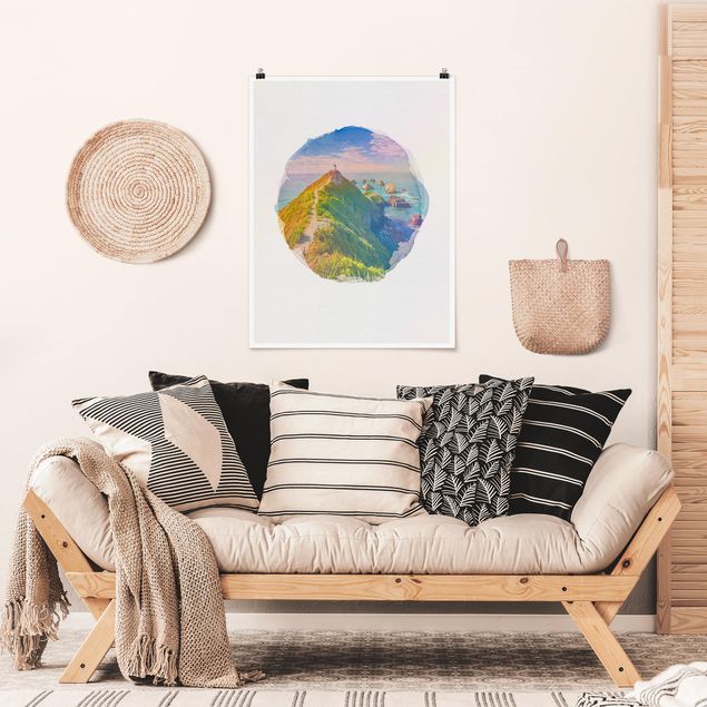 Poster Meer Wasserfarben - Nugget Point Leuchtturm und Meer Neuseeland