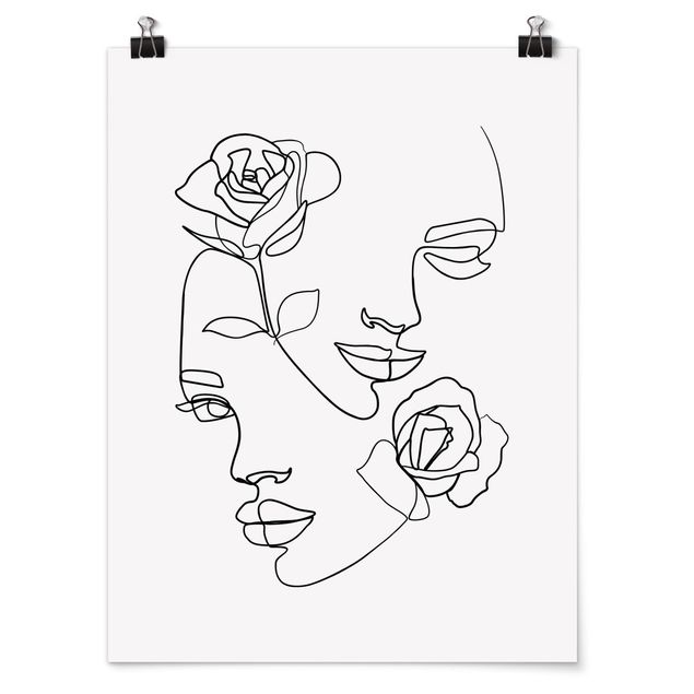 Kunstdrucke Poster Line Art Gesichter Frauen Rosen Schwarz Weiß
