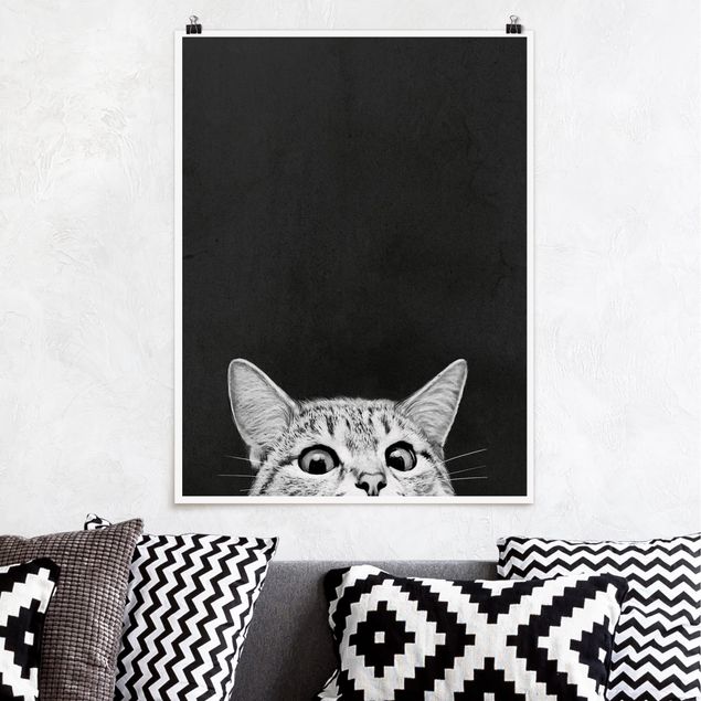 Poster - Illustration Katze Schwarz Weiß Zeichnung - Hochformat 4:3