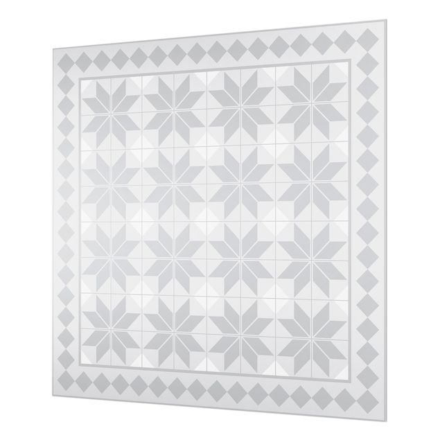 Spritzschutz Glas - Geometrische Fliesen Sternblume Grau mit Bordüre - Quadrat 1:1