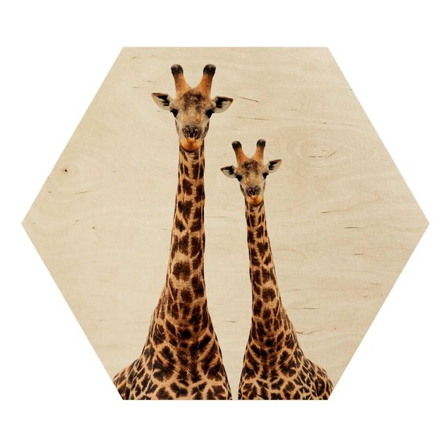 Hexagon Bild Holz - Portait Zweier Giraffen