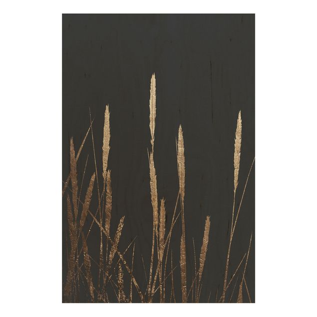 Moderne Holzbilder Grafische Pflanzenwelt - Goldenes Schilf