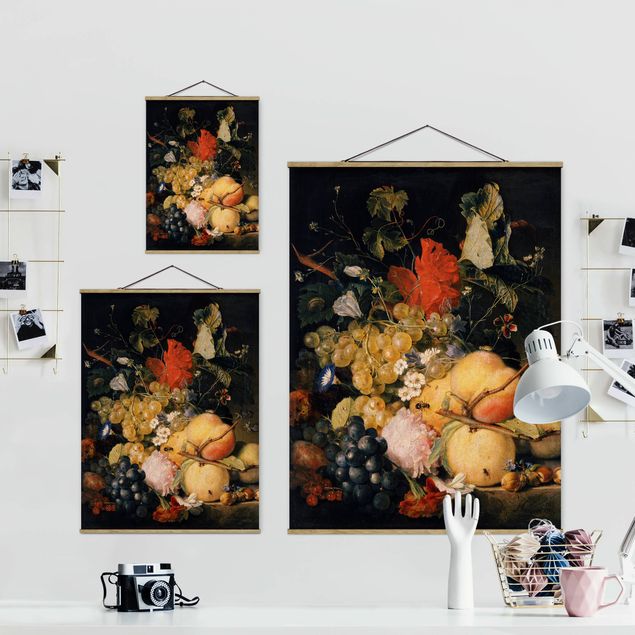 Stoffbild mit Posterleisten - Jan van Huysum - Früchte Blumen und Insekten - Hochformat 3:4