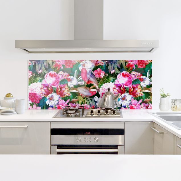 Küchenrückwand Glas Blumen Bunte Tropische Blumen mit Vögeln Pink