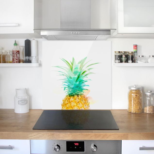 Küchenrückwand Glas Motiv Blumen Ananas Aquarell