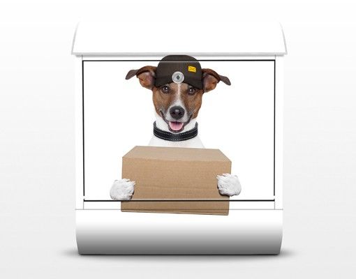 Briefkasten weiß Hund mit Paket