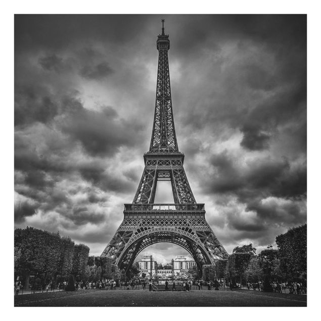 Glas Spritzschutz - Eiffelturm vor Wolken schwarz-weiß - Quadrat - 1:1