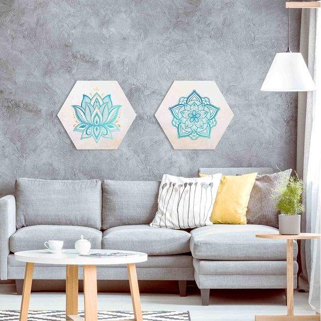 Hexagon Bild Alu-Dibond 2-teilig - Mandala Lotus Set Gold Blau