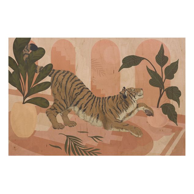 Holzbild - Illustration Tiger in Pastell Rosa Malerei - Querformat 2:3