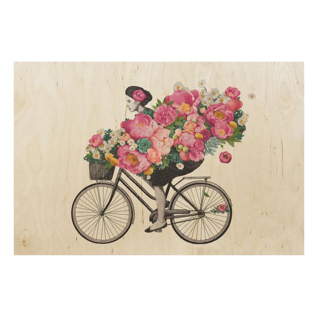 Wandbild Holz Illustration Frau auf Fahrrad Collage bunte Blumen