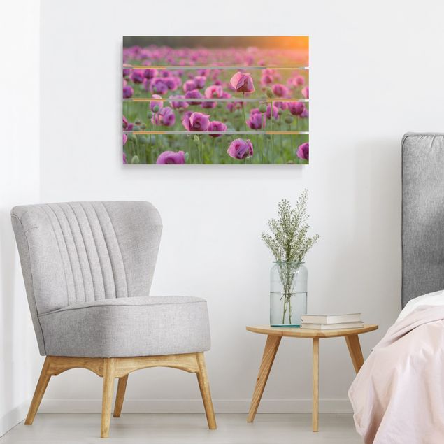 Holzbilder modern Violette Schlafmohn Blumenwiese im Frühling