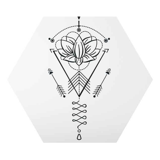 Hexagon Bild Alu-Dibond - Lotus Unalome mit Pfeilen