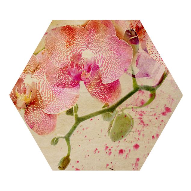 Hexagon Bild Holz - Aquarell Blumen Orchideen