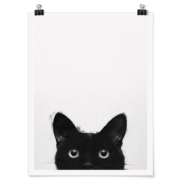 Poster - Illustration Schwarze Katze auf Weiß Malerei - Hochformat 4:3
