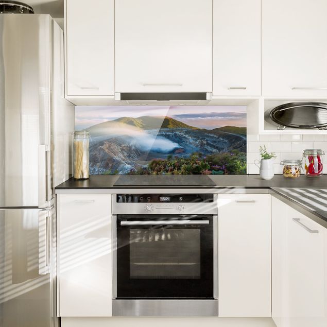 Küchenrückwand Glas Landschaft Vulkan Poas bei Sonnenaufgang