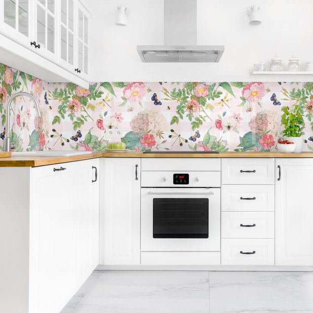 Glasrückwand Küche Muster Schmetterlinge mit rosa Blumen