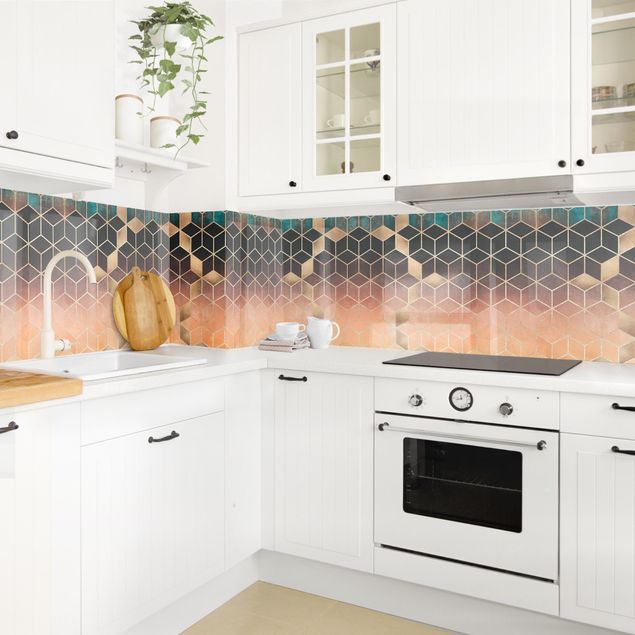 Küchenrückwand abstrakt Türkis Rosé goldene Geometrie II