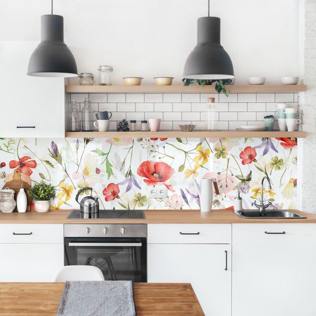 Küchenrückwand Gräser Marienkäfer mit Mohn als Aquarell