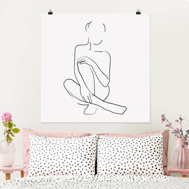 Poster Illustration Line Art Frau sitzt Schwarz Weiß