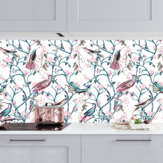 Küchenrückwände Platte Rosa Blumenranken mit Vögeln in Blau