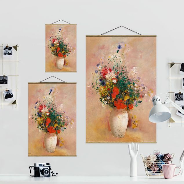 Stoffbild mit Posterleisten - Odilon Redon - Vase mit Blumen (rosenfarbener Hintergrund) - Hochformat 2:3