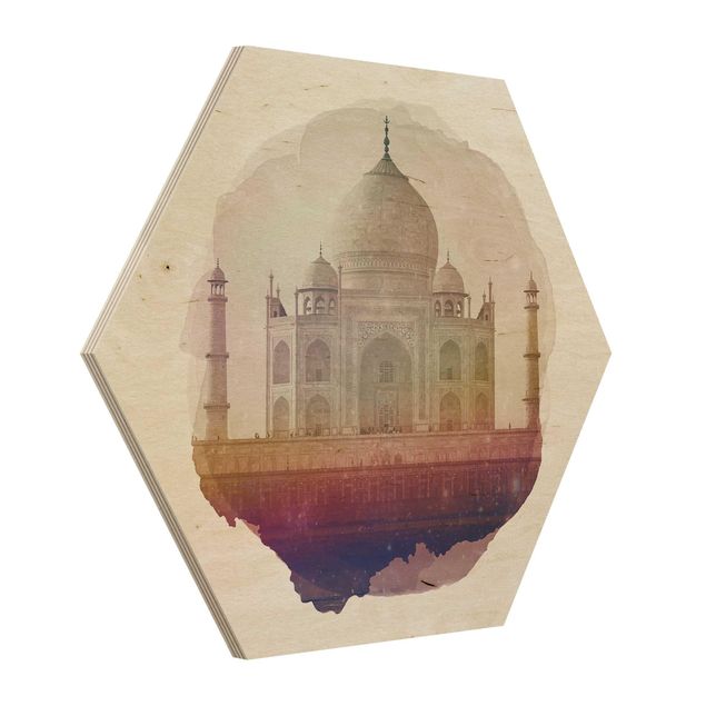 Hexagon Bild Holz - Wasserfarben - Taj Mahal