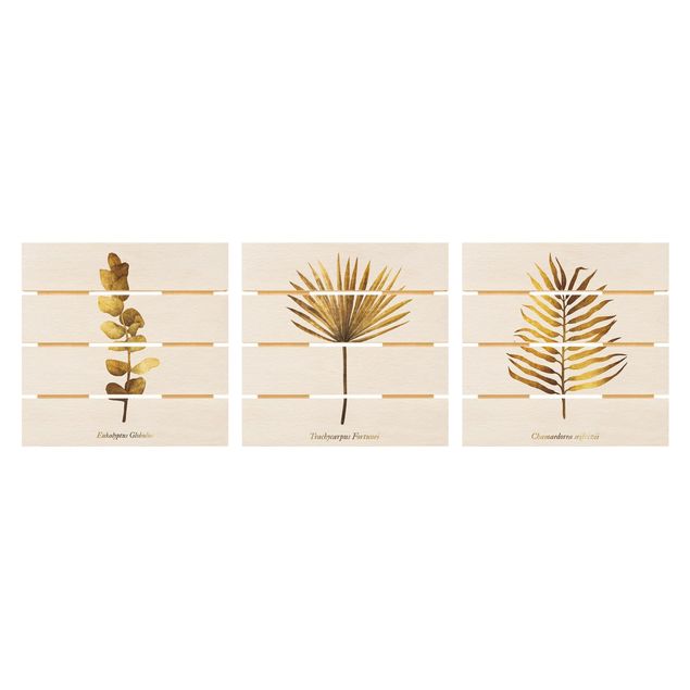 Wandbild Holz Gold - Tropische Blätter Set I