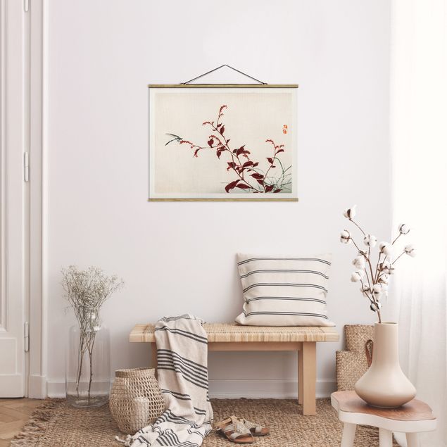 Stoffbilder zum Aufhängen Asiatische Vintage Zeichnung Roter Zweig mit Libelle