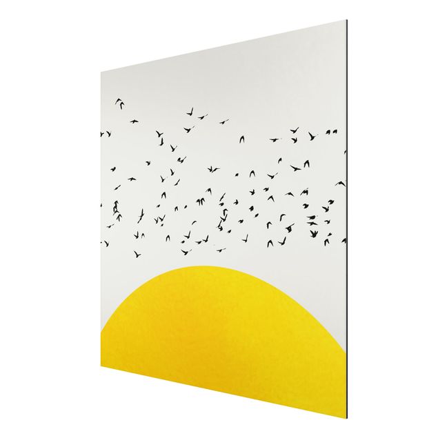Alu Dibond Bilder Vogelschwarm vor gelber Sonne